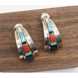 Vintage Native American Sterling Inlay~ Post Earrings~signed L.A. Charlie